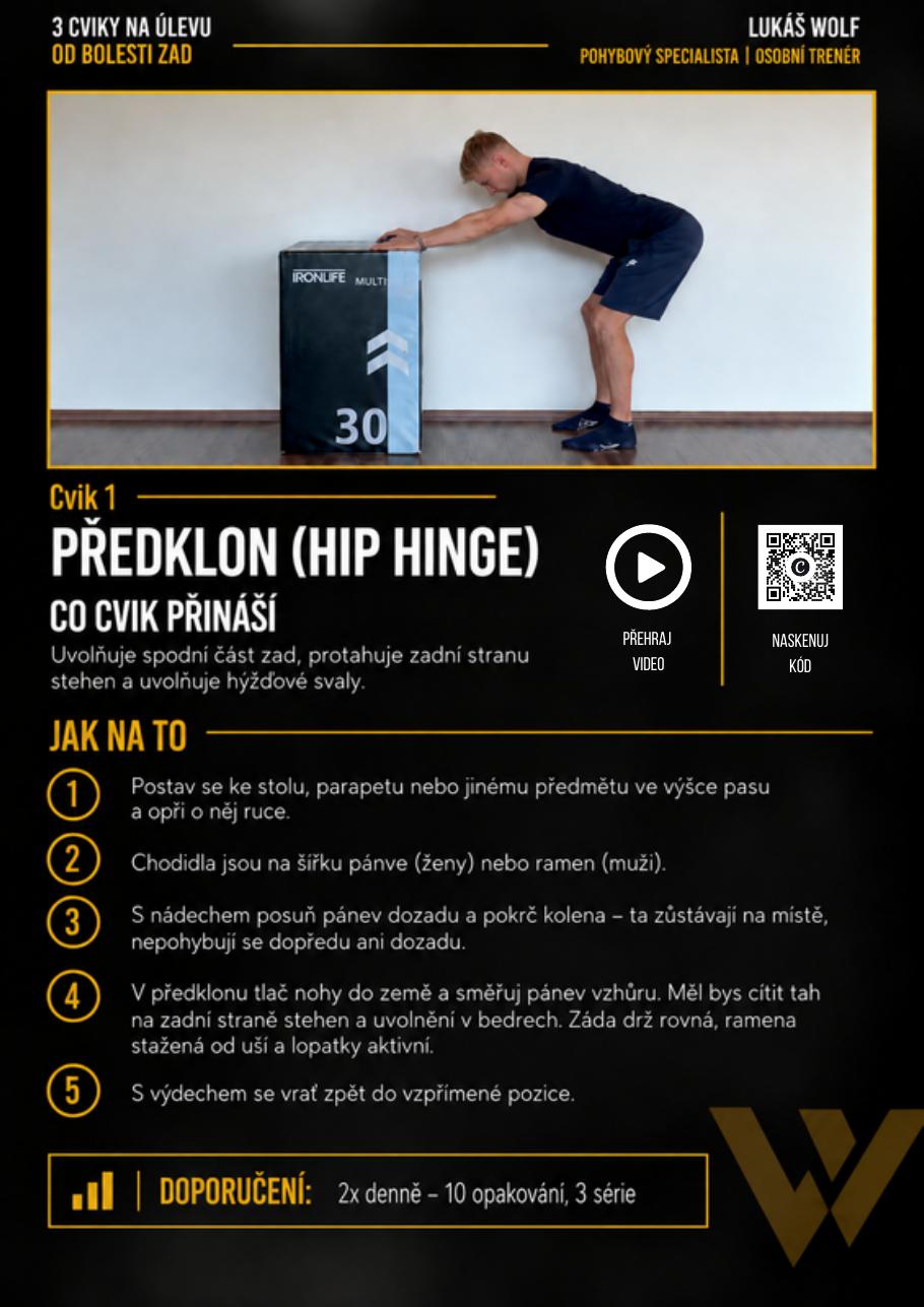 Stránka e-booku s prvním cvikem – předklon s fotografií, videem a doporučením.